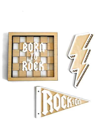 BORN TO ROCK Wood Check Layered Frame Sign