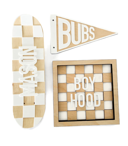 BOYHOOD Wood Check Layered Frame Sign