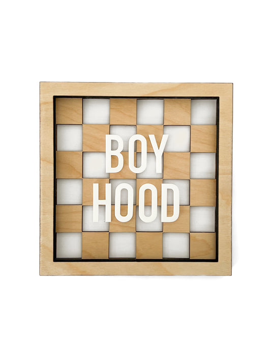 BOYHOOD Wood Check Layered Frame Sign